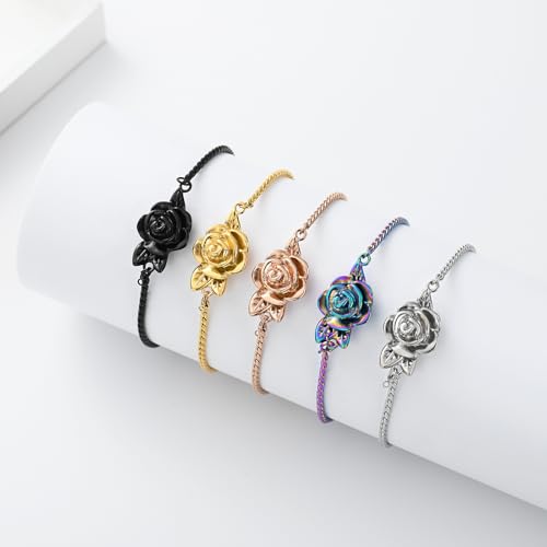 Minicremation Women's Adjustable Rose Urn Bracelet Ashes Holder Memorial Elegant Link Chain Keepsake Cremation Bangle to Hold Ashes - color: Black-B