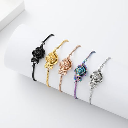 Minicremation Women's Adjustable Rose Urn Bracelet Ashes Holder Memorial Elegant Link Chain Keepsake Cremation Bangle to Hold Ashes - color: Black-B
