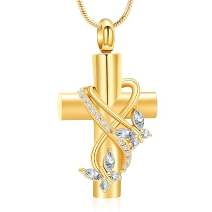 Butterfly Cross Cremation Jewelry Urn Necklaces Stainless Steel Cross Urn Necklaces for Ashes Memorial Keepsake Pendant for Women Gifts With Funnel Kit & Bag - color: Gold+White