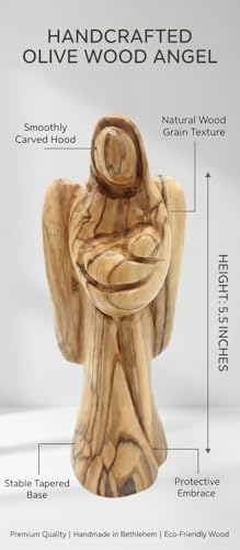 Zuluf 5.5" Hand-Carved Olive Wood Angel Statue Holding Baby - Authentic Holy Land Guardian Angel Figurine - Religious Gift for Baptism, New Mother, Expecting Mom & Christening - Bethlehem Wood - color: 5.5" Angel Holding Baby