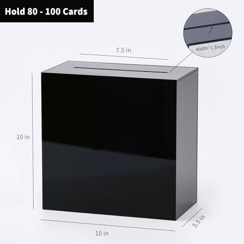 UNIQOOO Black Acrylic Wedding Card Box with Slot, Thick DIY Large 10x10x5.5 inch w/No Print, Wedding Receptions Wishing Well Money Box, Birthday, Memory Box, Suggestion Boxes, Acrylic Ballot Box - color: Black w/ No Print