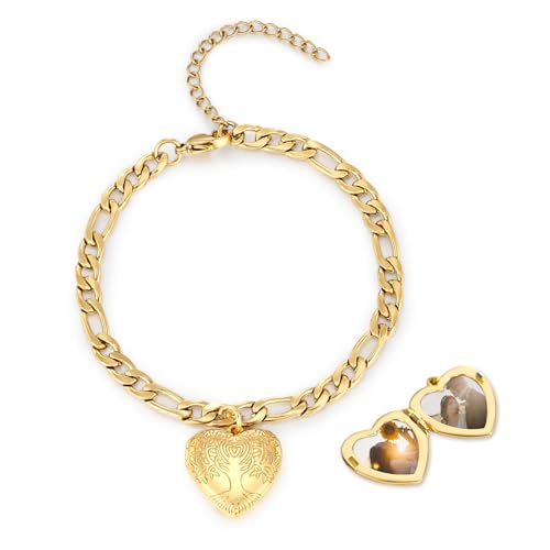 TUGHRA Gold Locket Bracelet for Women, 925 Sterling Silver Heart Photo Bracelet Lockets Memorial Keepsake Jewelry Gift for Mom, Wife, Daughter Mother's Day Birthday - style: D-Tree of life