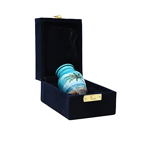 HLC Blue Beach Small Keepsake - Keepsake Urn with 1 Velvet Box Bag-Mini Keepsake Urn - Ashes Urn 3" H x 2.5" W x 2.5" L