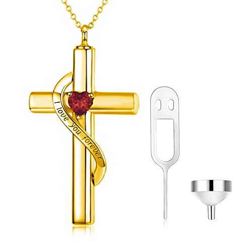 SOULMEET Personalize Solid 10k 14k 18k Real Gold Birthstone Cross Locket for Ashes, Simulated Gemstone Cross Urn Necklaces with Gold Chain Keepsake Cremation Jewelry - style: A-Custom Gold January