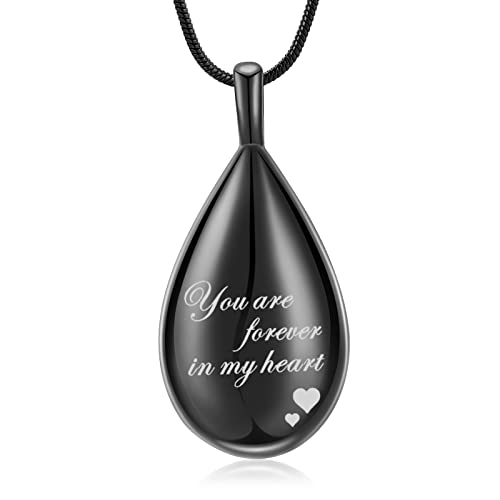 Urn Pendant Necklace Teardrop Cremation Jewelry for Ashes Memorial Keepsake for Women Jewelry Funeral Ashes Holder Collarbone Necklace You are forever in my heart - color: Black