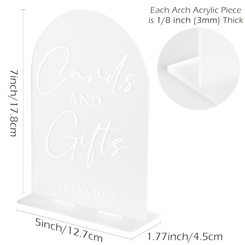 Cards and Gifts Sign with Stand- 5"x7" Frosted Arch Acrylic Wedding Sign and Base,1/8" Thick | Modern Calligraphy White Lettering Arch Acrylic Sign for Wedding Reception - style: Cards and Gifts