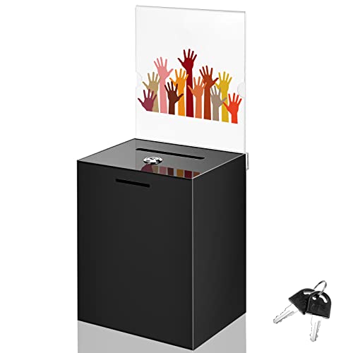 Acrylic Suggestion Box 8.2 x 6.7 x 5 Inch Large Donation Box Safe Ballot with Lock and Sign Holder for Voting Charity Business Cards Collection Display Ticket Comment(Black) - color: Black, size: 8.2 x 6.7 x 5 Inch