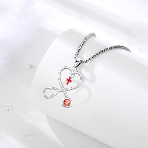 Angel Wings Necklace 925 Sterling Silver Guardian Angel Nurse RN Caduceus Pendant Charm Crystal Angel Jewelry Gifts for Women - style: H-Stethoscope-07-Jul.-Red
