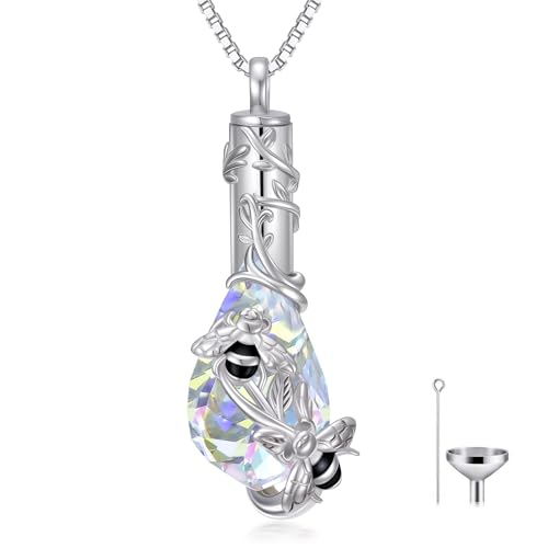 JKR Heart Urn Necklace for Ashes Crystal Keepsake Pendant Memorial Jewelry - style: Bee-Teardrop