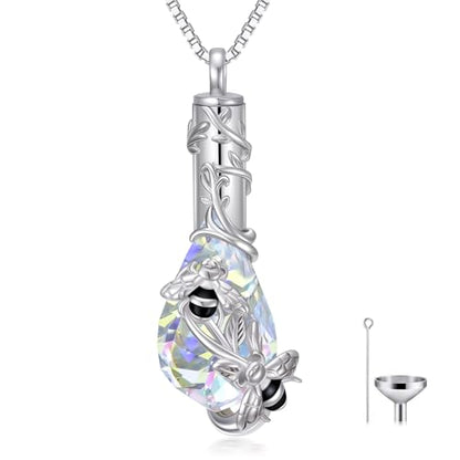 JKR Heart Urn Necklace for Ashes Crystal Keepsake Pendant Memorial Jewelry - style: Bee-Teardrop
