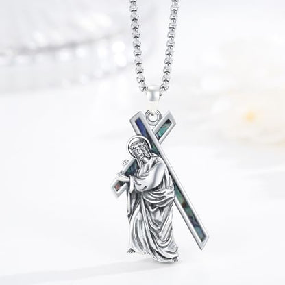 Crucifix Necklace for Men 925 Sterling Silver Jesus Cross Necklace Crucifix Cross Pendant Protection Jewelry for Men Women - style: A03-Carrying Cross-Abalone