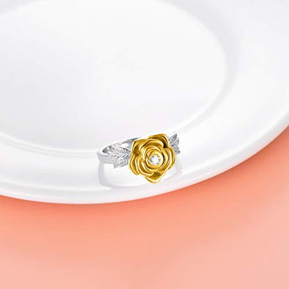 925 Sterling Silver Rose Flower Cremation Urn Ring Holds Loved Ones Ashes Cremation Keepsake Ring Jewelry Embellished with Crystals from Austria - color: Silver&Gold