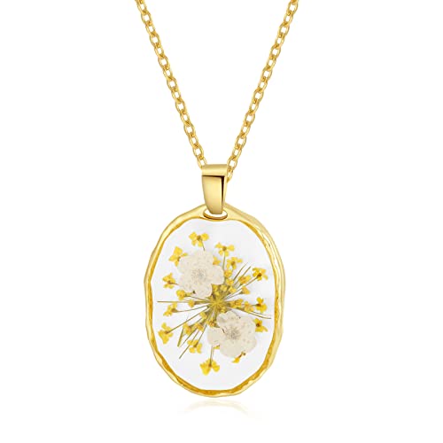 AUNTESIGN Forget-Me-Not and Queen Anne's Lace Pressed Wildflower Necklace | Birth Month Flowers Necklace | Gold/Silver Pressed Flower Jewelry | Mother's Day | Gift For Her - color: Daffodils and Queen Anne's Lace Neckalce(March birth flower)