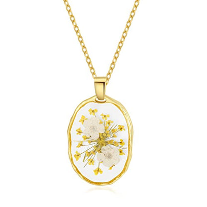 AUNTESIGN Forget-Me-Not and Queen Anne's Lace Pressed Wildflower Necklace | Birth Month Flowers Necklace | Gold/Silver Pressed Flower Jewelry | Mother's Day | Gift For Her - color: Daffodils and Queen Anne's Lace Neckalce(March birth flower)
