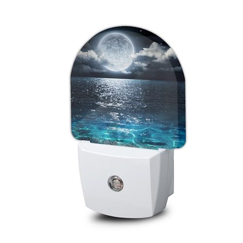 Full Moon Over Sea Night Light, Night Light Plug into Wall with Dusk to Dawn Sensor, LED Lamp Energy Saving Lights for Men Women Boys Girls,Lamp for Bedroom Bathroom Hallway - color: Full Moon