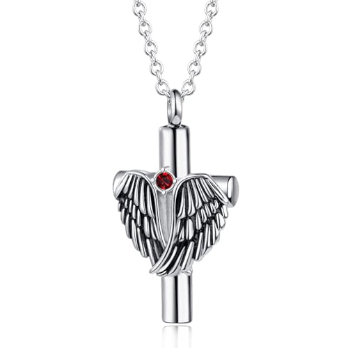 Angel Wing Cross Urn Necklace for Ashes Birthstone Stainless Steel Cremation Jewelry Women Men - color: Jan