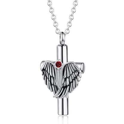 Angel Wing Cross Urn Necklace for Ashes Birthstone Stainless Steel Cremation Jewelry Women Men - color: Jan