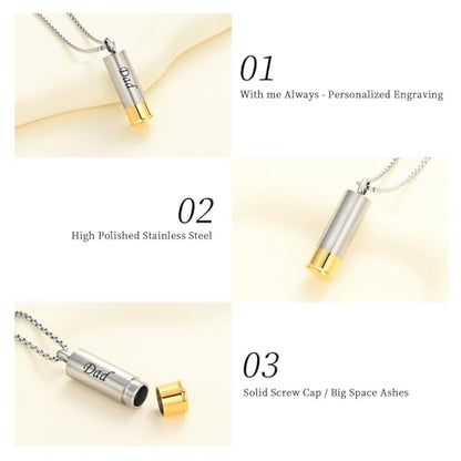 Oinsi Shotgun Shell Cremation Jewelry Urn Necklace For Ashes Of Loved Ones -Dad/Mom/Son/Grandma/Grandpa Cylinder Memorial Locket Pendant Necklace - color: Customized
