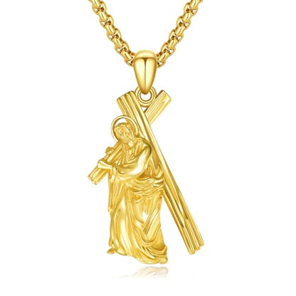 Crucifix Necklace for Men 925 Sterling Silver Jesus Cross Necklace Crucifix Cross Pendant Protection Jewelry for Men Women - style: A04-Carrying Cross-Gold