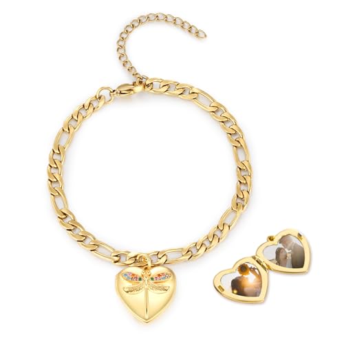 TUGHRA Gold Locket Bracelet for Women, 925 Sterling Silver Heart Photo Bracelet Lockets Memorial Keepsake Jewelry Gift for Mom, Wife, Daughter Mother's Day Birthday - style: A-Dragonfly