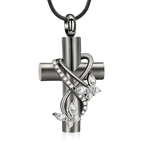 Butterfly Cross Cremation Jewelry Urn Necklaces Stainless Steel Cross Urn Necklaces for Ashes Memorial Keepsake Pendant for Women Gifts With Funnel Kit & Bag - color: Grey+White
