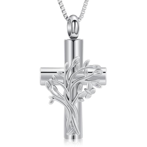 XSMZB Tree of Life Cross Cremation Jewelry for Ashes Human Pet Memorial Ashes Necklace Butterfly Cross Keepsake Pendant for Women - color: Silver