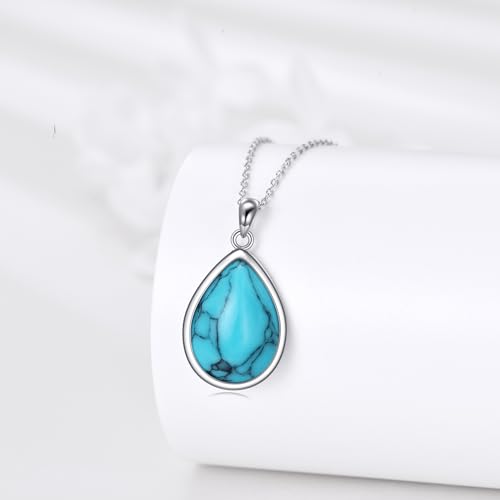 CRMAD Larimar/Opal/Lapis Lazuli/Tourmaline/Malachite/Labradorite/Turquoise/Onyx/Rose Quartz/Amber/Peridot Necklace for Women 925 Sterling Silver Teardrop Pendant Jewelry Gifts - color: Turquoise