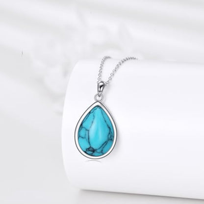 CRMAD Larimar/Opal/Lapis Lazuli/Tourmaline/Malachite/Labradorite/Turquoise/Onyx/Rose Quartz/Amber/Peridot Necklace for Women 925 Sterling Silver Teardrop Pendant Jewelry Gifts - color: Turquoise