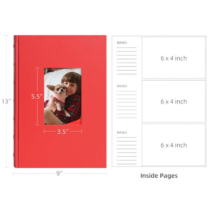 Vienrose Photo Album 4x6 300 Photos PU Leather Cover Red | Memo Area, Personalized Window, Slip-In Pockets, Acid-Free & PVC-Free, Store Wedding Baby Vacation Memories - color: Red