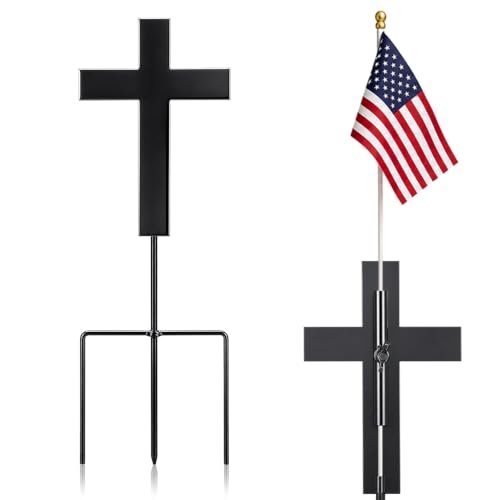 16 Inch Cross American Veteran Grave Marker, American Flag Holder | Metal Black Cross with Ground Stake, American Flag Hole Ready, Patriotic Graveside Tribute, 4th of July Memorial Display - style: Cross