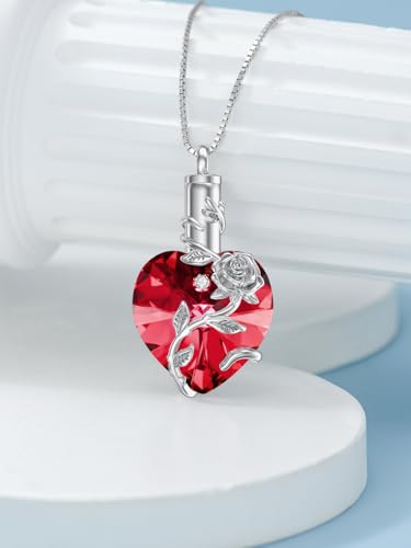 OCJ Heart Rose Flower Urn Necklace for Ashes Women Birthstone Cremation Necklaces Sterling Silver Memorial Cremation Jewelry Gifts - color: 01-Jan-Garnet