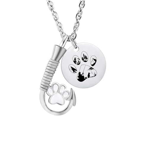 Gredstar Fish Hook Urn Necklace for Ashes, Fishing Memorial Keepsake | Fish Hook Design, Stainless Steel, Secure Screw Closure, Ash Holder, Fishing Theme, Funnel & Gift Box Included - color: Silver-Paw Print