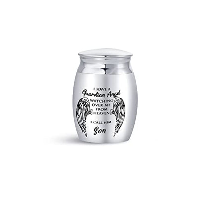 Men Son My Guardian Angel Mini Cremation Urns for Human Ashes Holder for Family Grandpa Grandfather Grandpapa Memorial Keepsake Stainless Steel 1.6"" Angel Wings - color: "Son, My Guardian Angel"