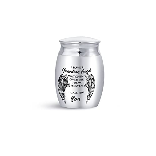 Men Son My Guardian Angel Mini Cremation Urns for Human Ashes Holder for Family Grandpa Grandfather Grandpapa Memorial Keepsake Stainless Steel 1.6"" Angel Wings - color: "Son, My Guardian Angel"