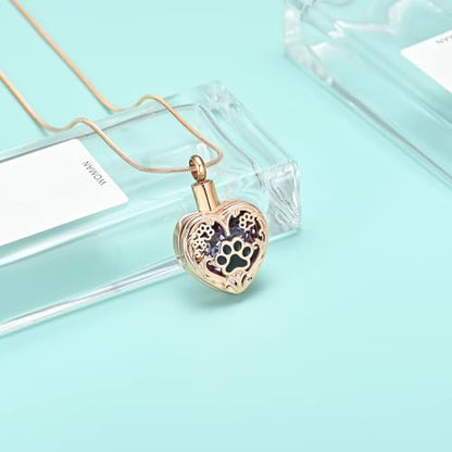 Heart Urn Necklace For Ashes Birthstone Pet Memorial Jewelry Dog Paw Print Cremation Pendant Stainless Steel Keepsake Gift For Pet Lovers - color: Rosegold purple