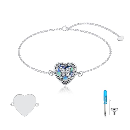 Urn Bracelet for Ashes 925 Sterling Silver Heart Cremation Bracelet Memorial Keepsake Jewelry Gifts for Women - color: 06-Butterfly Urn Bracelet-Custom Text