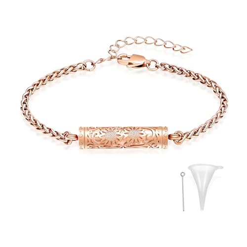 constantlife Cremation Bracelet for Ashes for Women Stainless Steel Sunflower Cylinder Urn Adjustable Link Bangle Memorial Jewelry Loved Ones Ashes Holder Keepsake - color: Rose Gold