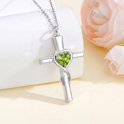 YYB Urn Necklace for Ashes Women Heart Birthstone Cross Cremation Jewelry | Memorial Keepsake Funeral Jewelry for Loved Ones (with Funnel Filler) - color: 08-Aug-Peridot