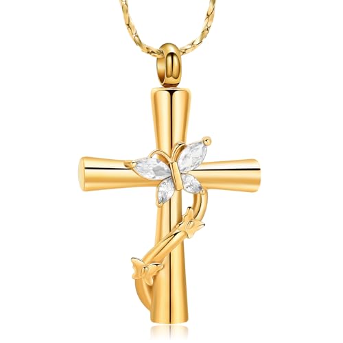 Butterfly Cross Urn Necklace for Ashes Crystal Butterfly Cremation Jewelry Ashes Pendant for Women Men Memorial Keepsake Jewelry for Human shes of Loved Ones - color: Gold&White