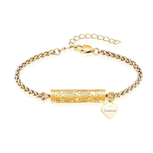 zeqingjw Sunflower Cylinder Cremation Urn Bracelet for Ashes Stainless Steel Memorial Jewelry Loved Ones Ashes Holder Keepsake Bangle for Women - color: Cylinder--Customize