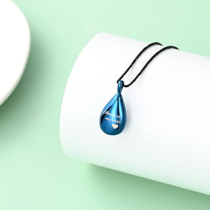 Yinplsmemory Carved Teardrop Keepsake Ashes Necklace Urn Pendant Cremation Memorial Jewelry-Always in my heart - color: Blue