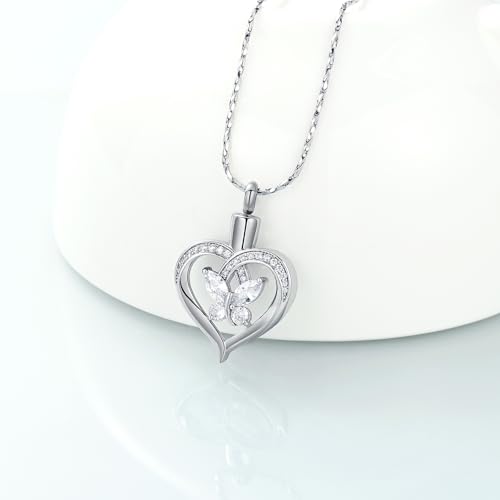 Imrsanl Butterfly Heart Pendant Cremation Urn Necklace for Women - color: Silver-White