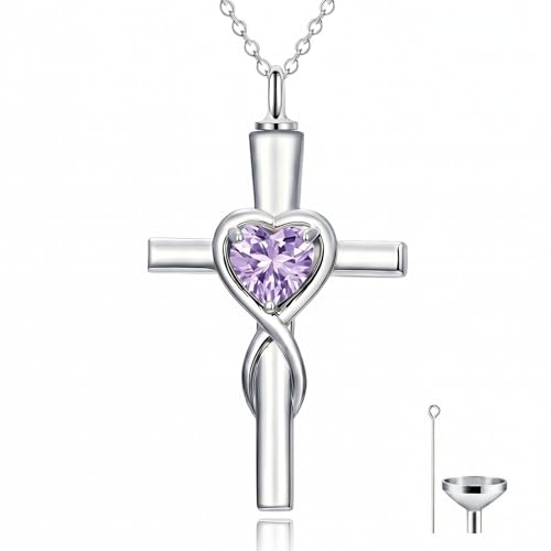 YYB Urn Necklace for Ashes Women Heart Birthstone Cross Cremation Jewelry | Memorial Keepsake Funeral Jewelry for Loved Ones (with Funnel Filler) - color: 06-Jun-Alexandrite