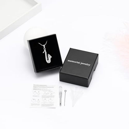 memorial jewelry Music Urn Saxophone Horn Chain Necklace Cremation Ash Keepsake Pendant - color: Silver