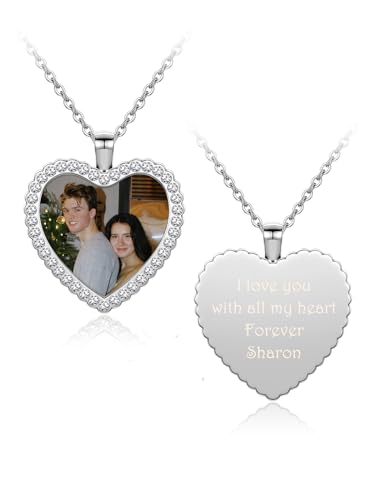 PiercingJ Customized Double-Side Photo Necklace Custom Picture Pendant Chain Personalized Cubic Zirconia Hip Hop Jewelry Gift for Men Women with Gift Box - color: Silver-Heart-Photo&Text