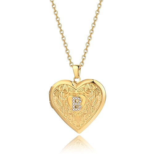 Badu Gold Initial A-Z Necklace for Women Heart Photo Lockets that Hold Picture Love Image Cubic Zirconia Necklace - color: B