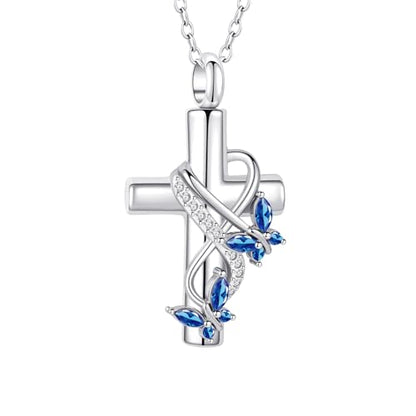 Cremation Jewelry for Ashes Pendant - Butterfly Cross Urn Necklace for Ashes Men Women with Mini Keepsake Urn Memorial Jewelry - color: Silver-Blue