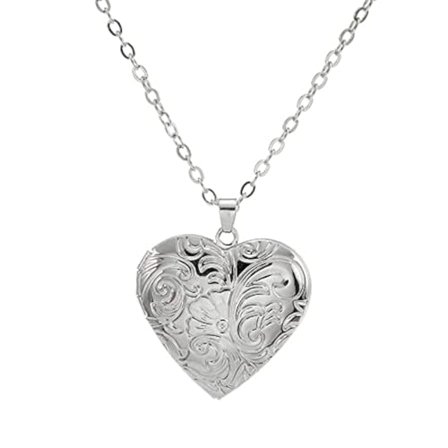Locket Necklace, Engraved Heart Shaped Locket Pendant Necklace That Holds Pictures Personalized Photo Locket Necklace Memory Necklace for Women Men - color: Heart-Silver