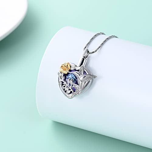 Yinplsmemory Hummingbird Cremation Jewelry Crystal Heart Urn Ashes Necklace for Women Men Memorial Keepsake Necklace of Loved One - color: Purple-Gold