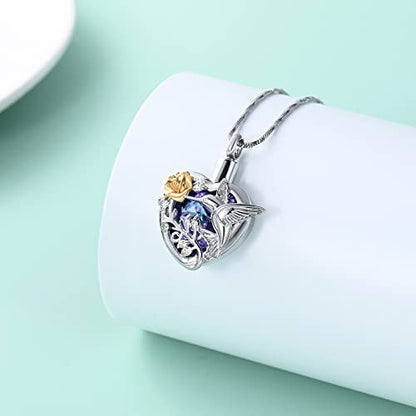 Yinplsmemory Hummingbird Cremation Jewelry Crystal Heart Urn Ashes Necklace for Women Men Memorial Keepsake Necklace of Loved One - color: Purple-Gold
